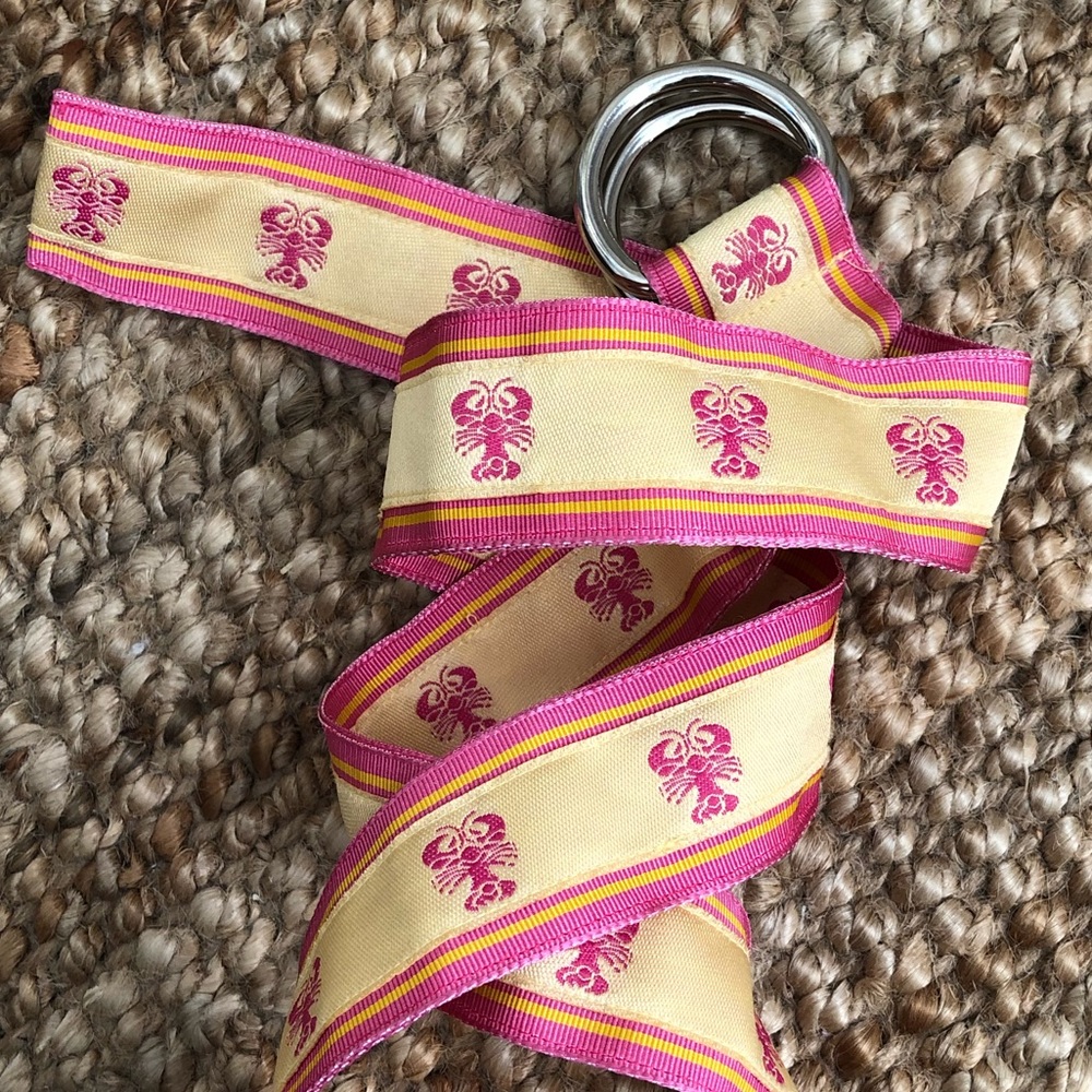 Preppy Pink and Yellow Lobster Belt - Medium, Silver Buckle, Handmade